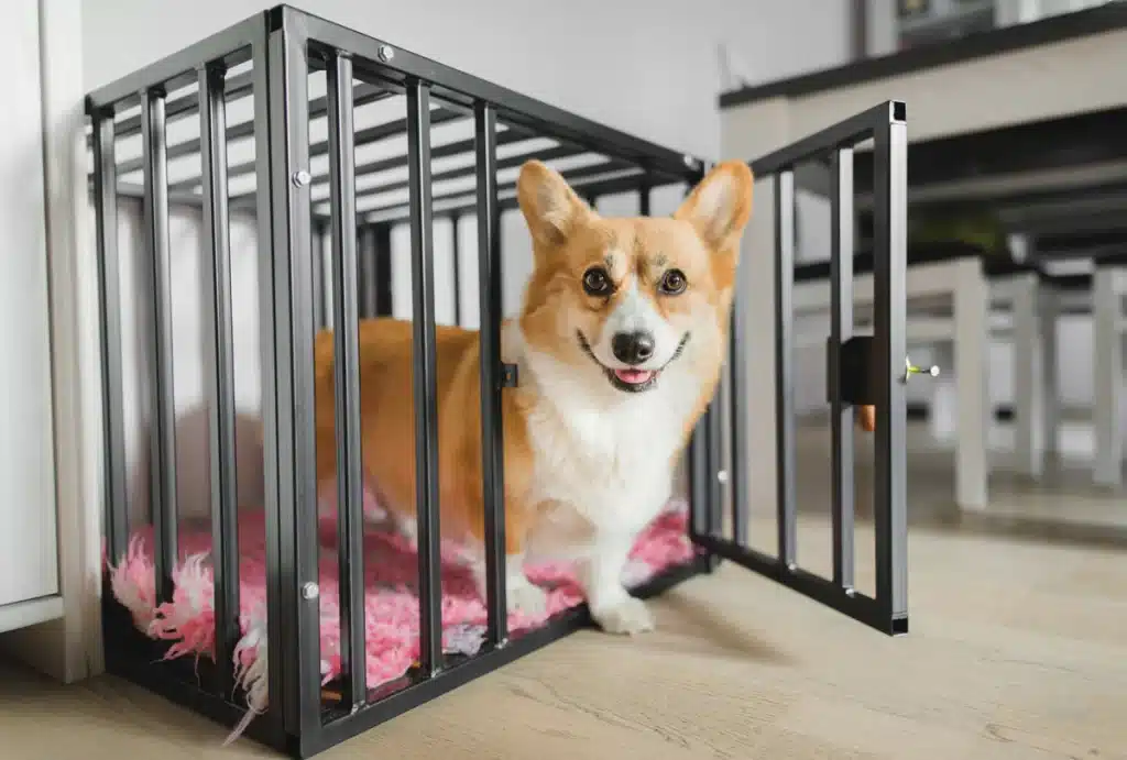 a smiling dog coming out from the crate