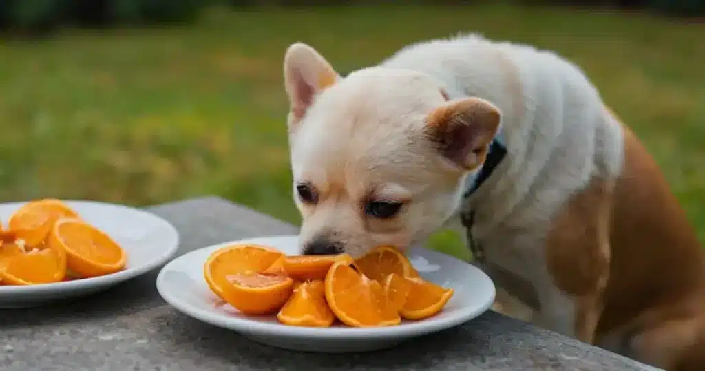 a dog eating orange from the plate