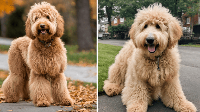 double doodle dogs standing on a road