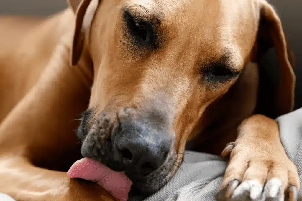 A close view of a brown dog licking its paws