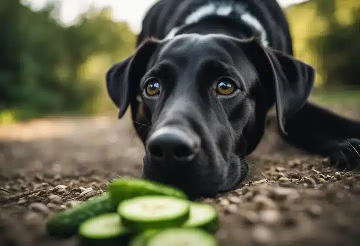 A front view of a black dog looking at a cucumber