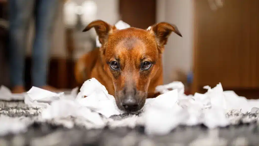 A front view of a brow dog with tired eyes and a mess of tissues beneath it