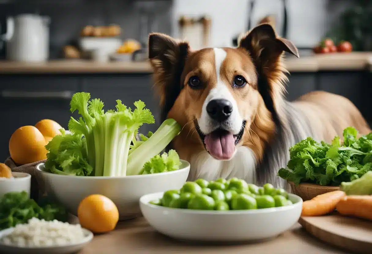 A front view of a dog with some celery placed in front of it