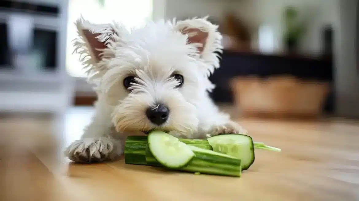 A view of a white furry dog eating cucumber