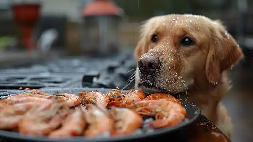 A view of a brown dog looking at shrimps inside a plate