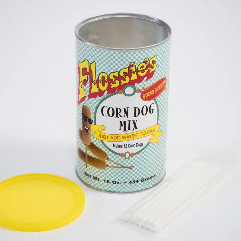 A view of a can of corn dogs