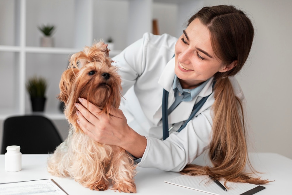 A view of a female vet checking a small dog