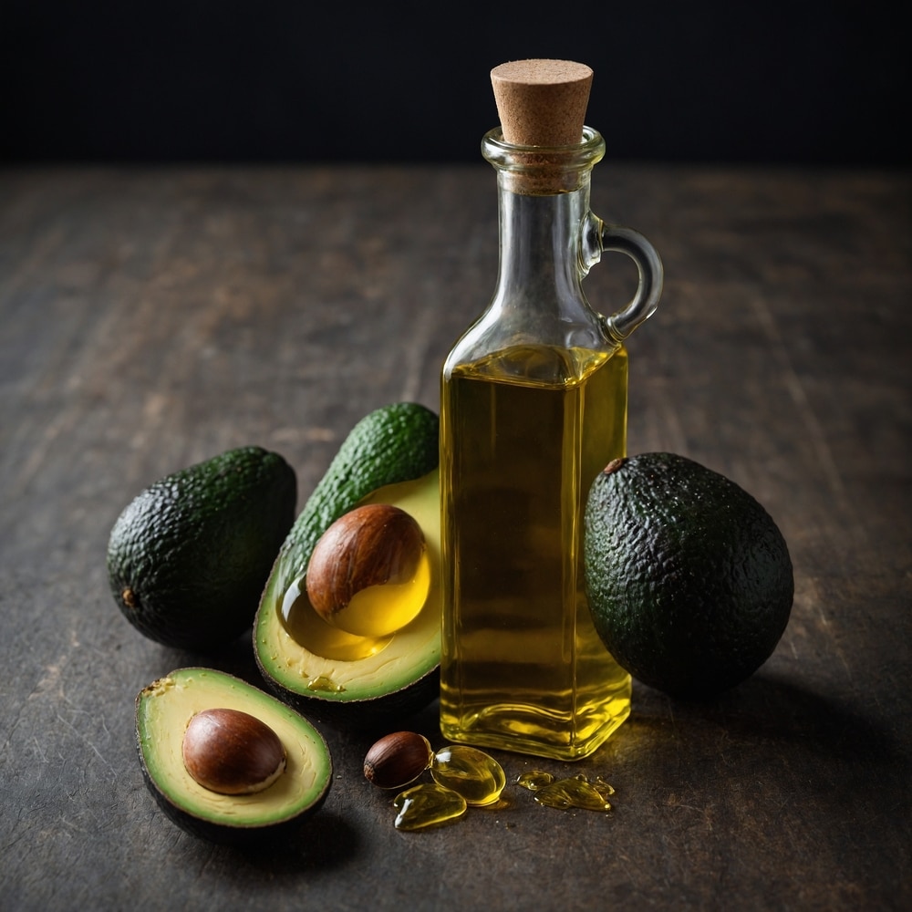 A view of a bottle of avocado oil along with avocado